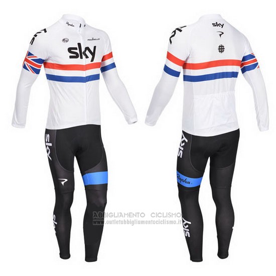 2013 Abbigliamento Ciclismo Sky Campione Regno Unito Bianco Manica Lunga e Salopette